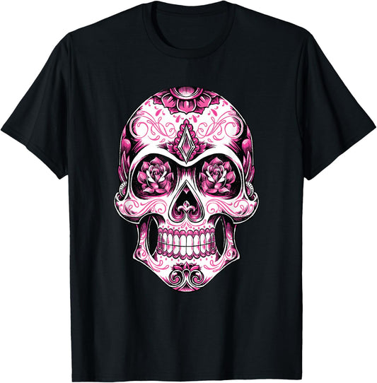 Breast Cancer Shirt Women Pink Sugar Skull T-Shirt - T-Shirt | Black