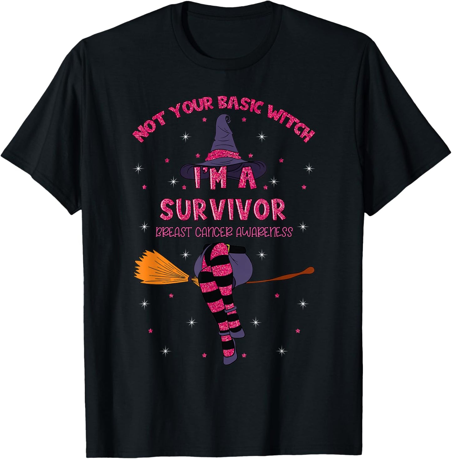 Halloween Witch Pink Awareness Ribbon Breast Cancer Survivor T-Shirt - T-Shirt | Black