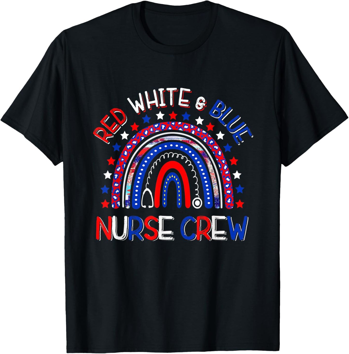 Red White Blue Nurse Crew 4th Of July US Flag Rainbow T-Shirt - T-Shirt | Black