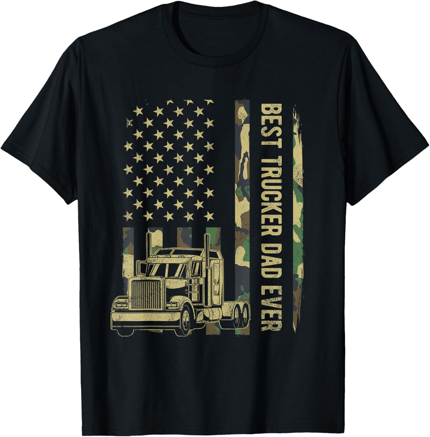 Best Trucker Dad Camouflage American Flag Fathers Day T-Shirt - T-Shirt | Black