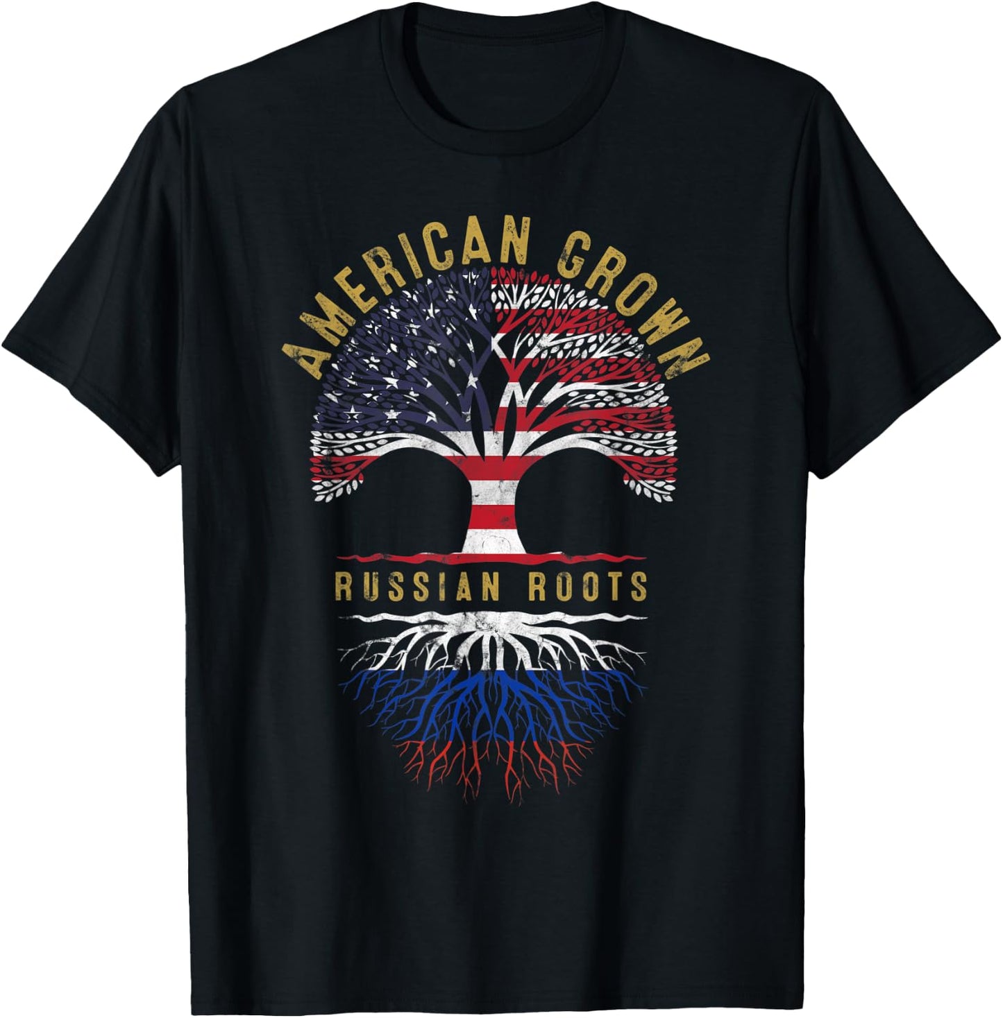 American Grown Russian Roots Tree Flag Family Heritage T-Shirt - T-Shirt | Black