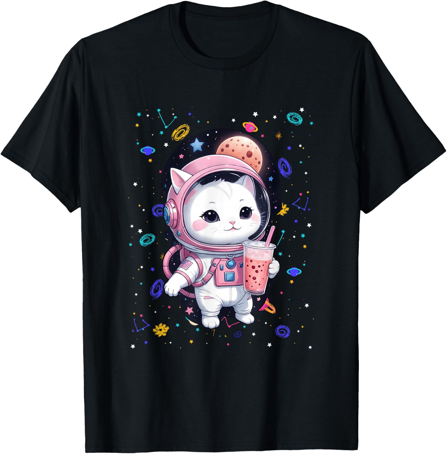 Kawaii Cat Bubble Boba Tea In Space Astronaut Anime T-Shirt - T-Shirt | Black