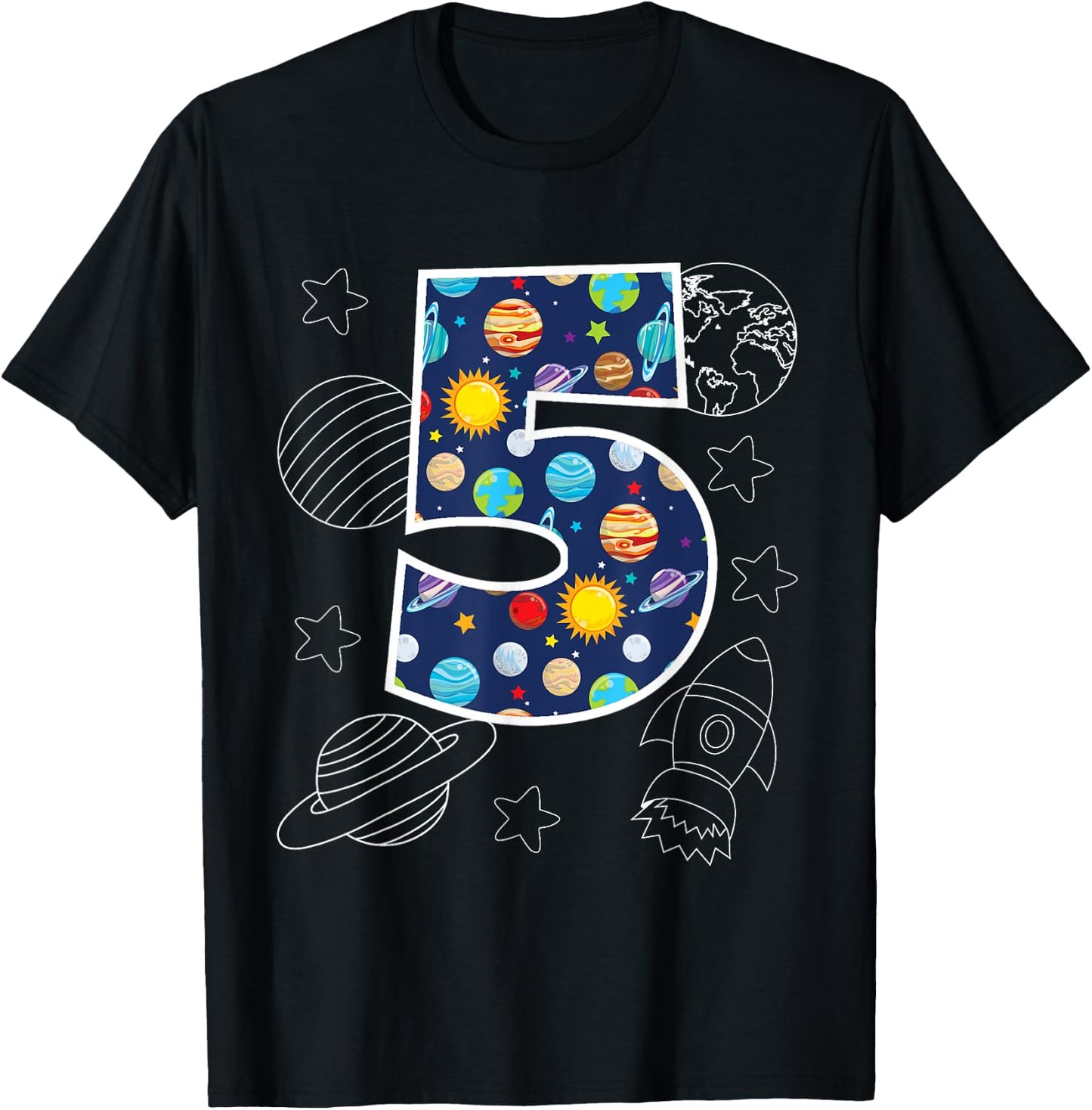 Outer Space 5 Year Old 5th Birthday Party Boys Girls Space T-Shirt - T-Shirt | Black