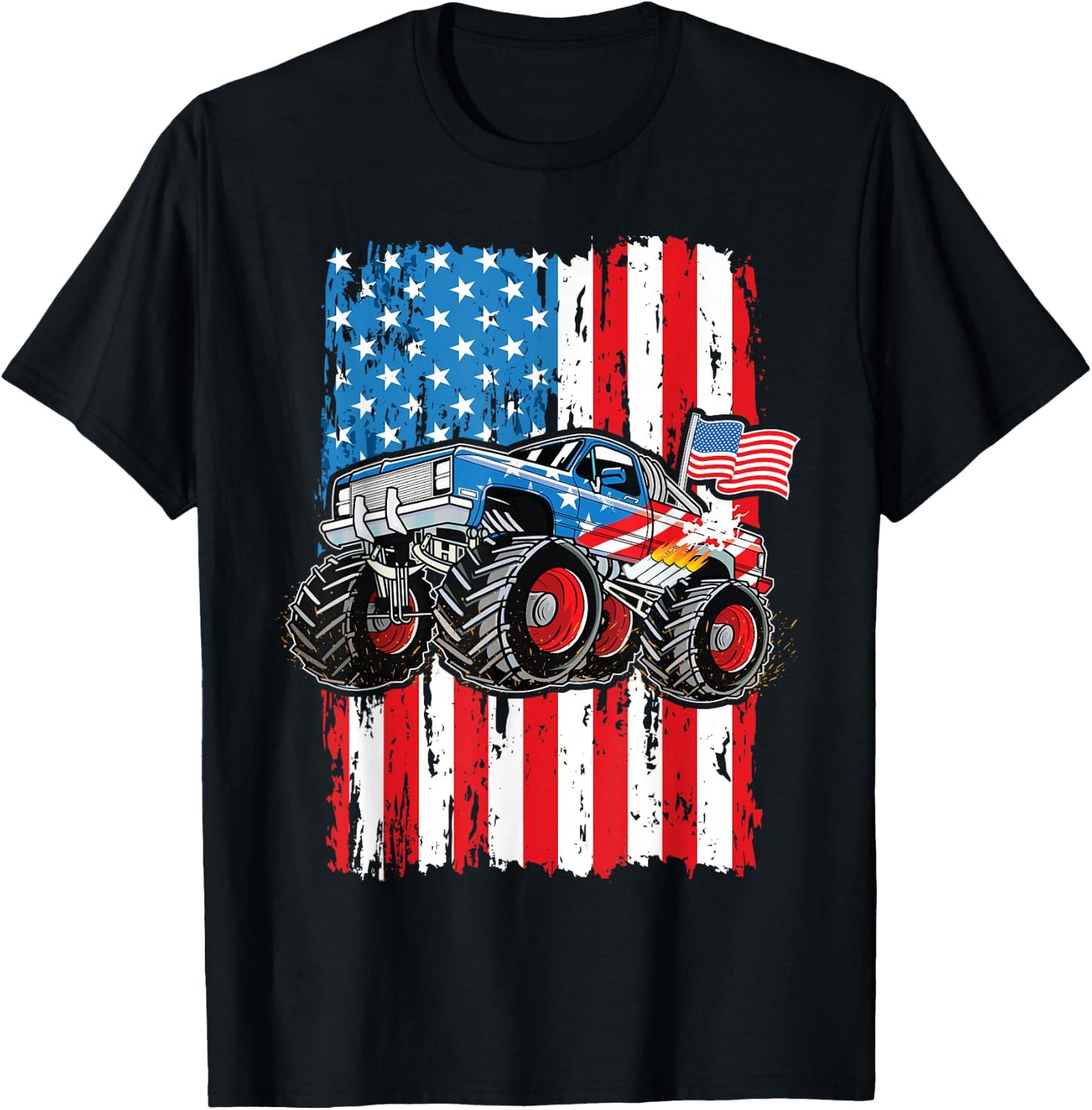 Monster Truck USA Flag Patriotic Boys Men 4th of July T-Shirt - T-Shirt | Black
