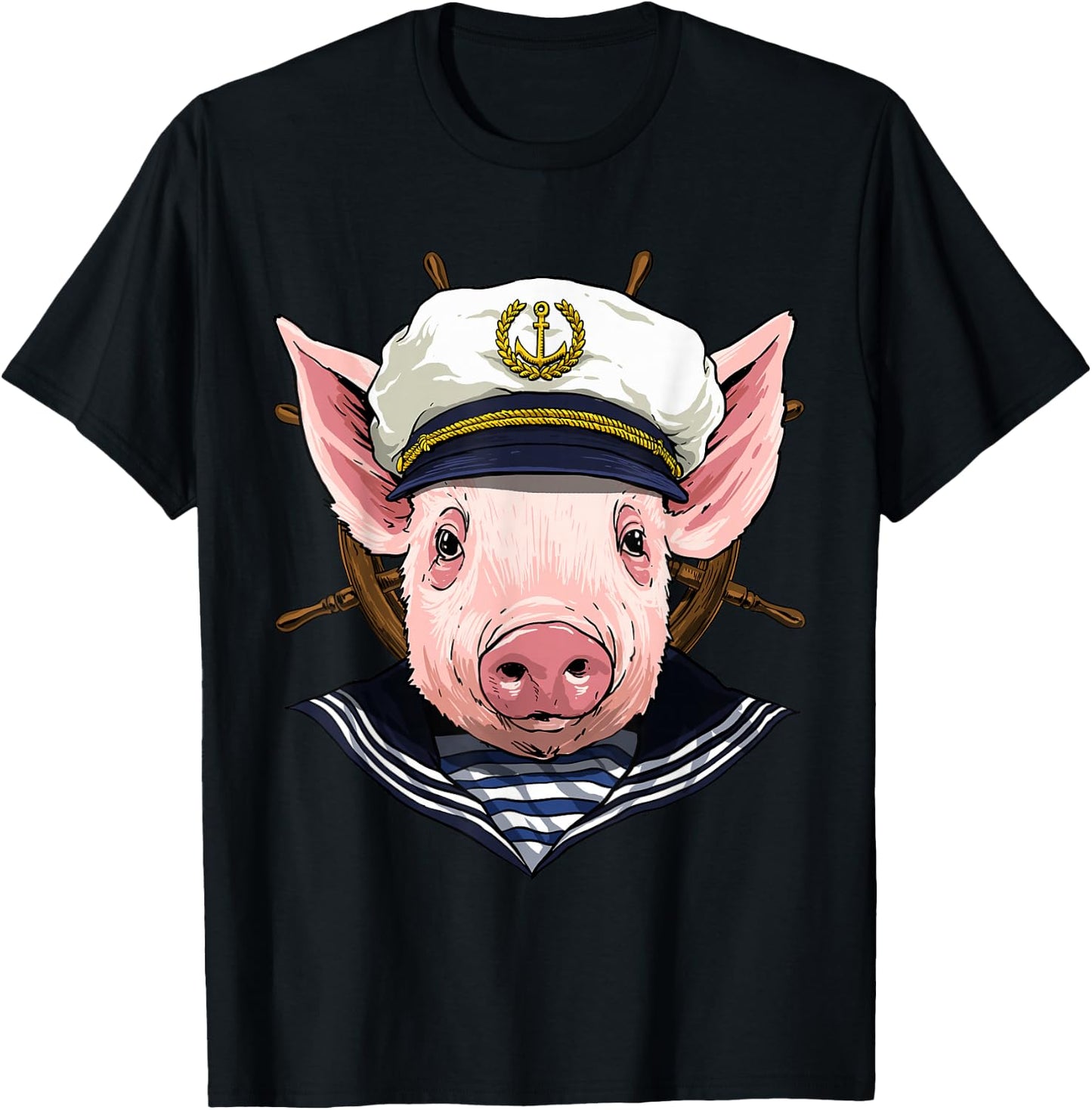 Pig Sailor Boat Captain Farmer Pig Farm Animal T-Shirt - T-Shirt | Black