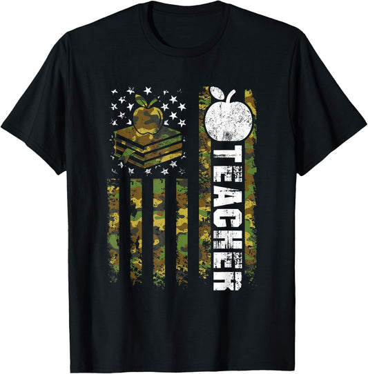 American Flag Camouflage Teacher Patriotic 4th Of July Women Kids Men T-Shirt - T-Shirt | Black