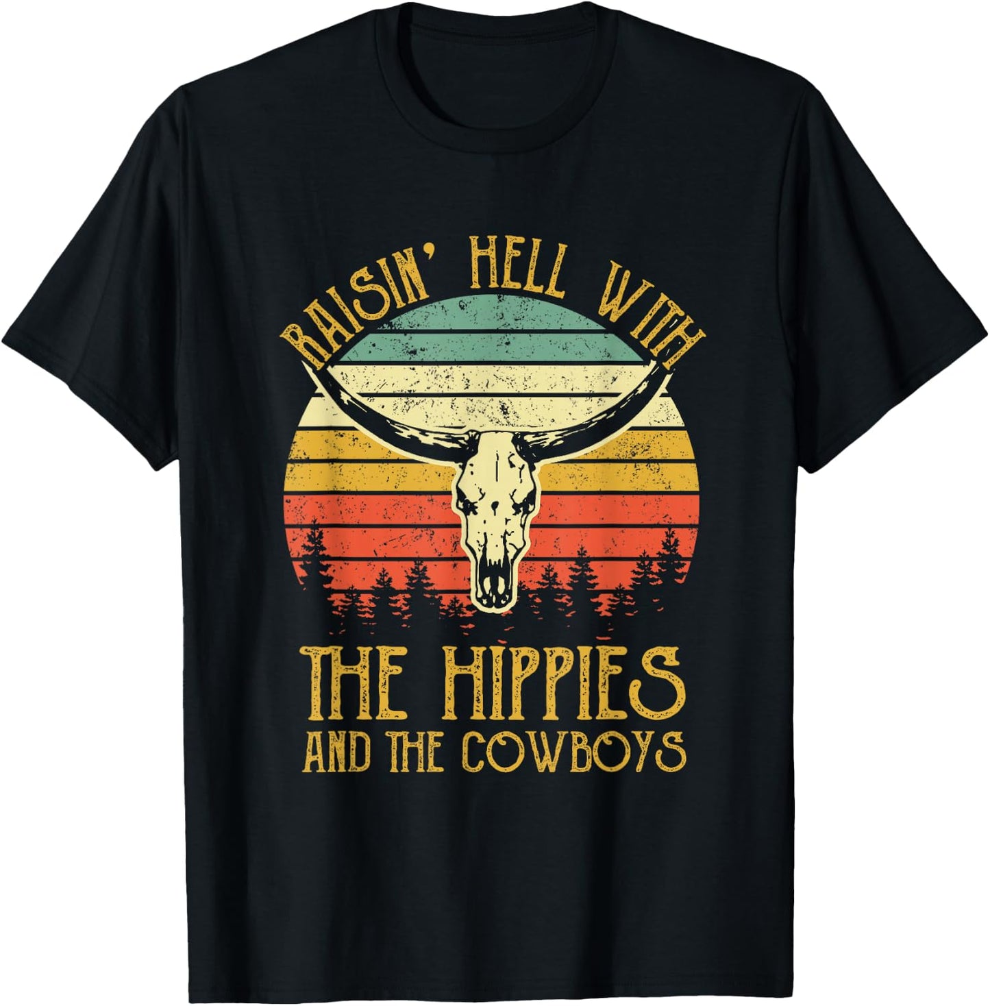 Raising-Hell with The Hippies and Cowboys Western Cowhide T-Shirt - T-Shirt | Black