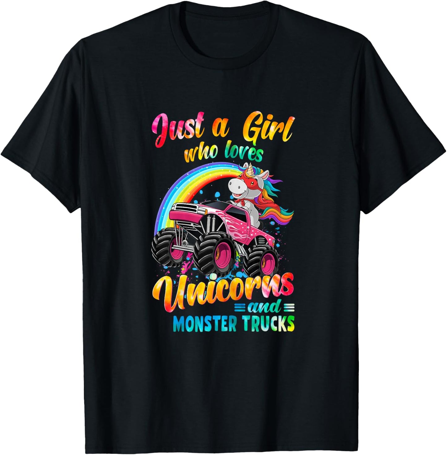 Just A Girl Who Loves Unicorns And Monster Trucks Girls Kid T-Shirt - T-Shirt | Black