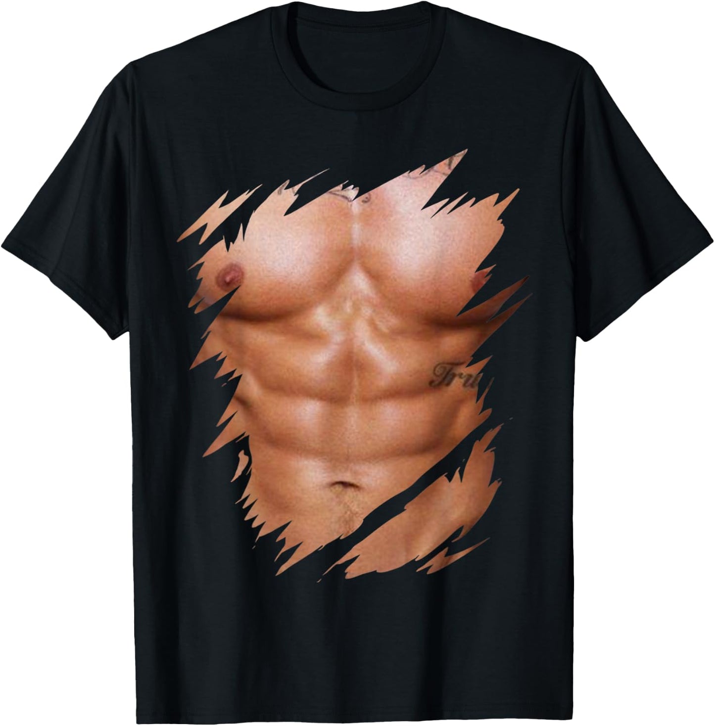 Fake Muscles Ripped Torn Chest Six Pack Abs T-Shirt - T-Shirt | Black