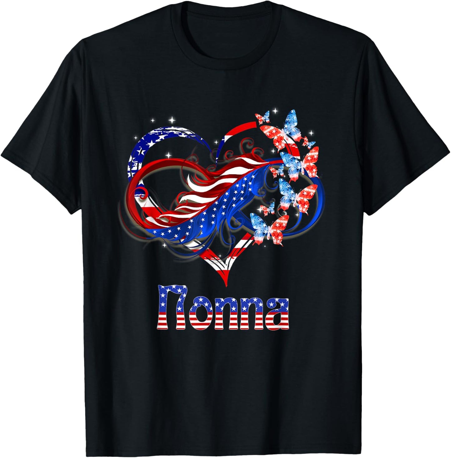 American Nonna Heart Butterlfies Patriotic 4th Of July T-Shirt - T-Shirt | Black