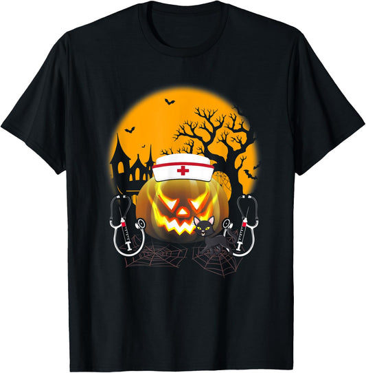Funny Cute Nurse Costume Halloween Stethoscope Pumpkin Gift T-Shirt - T-Shirt | Black