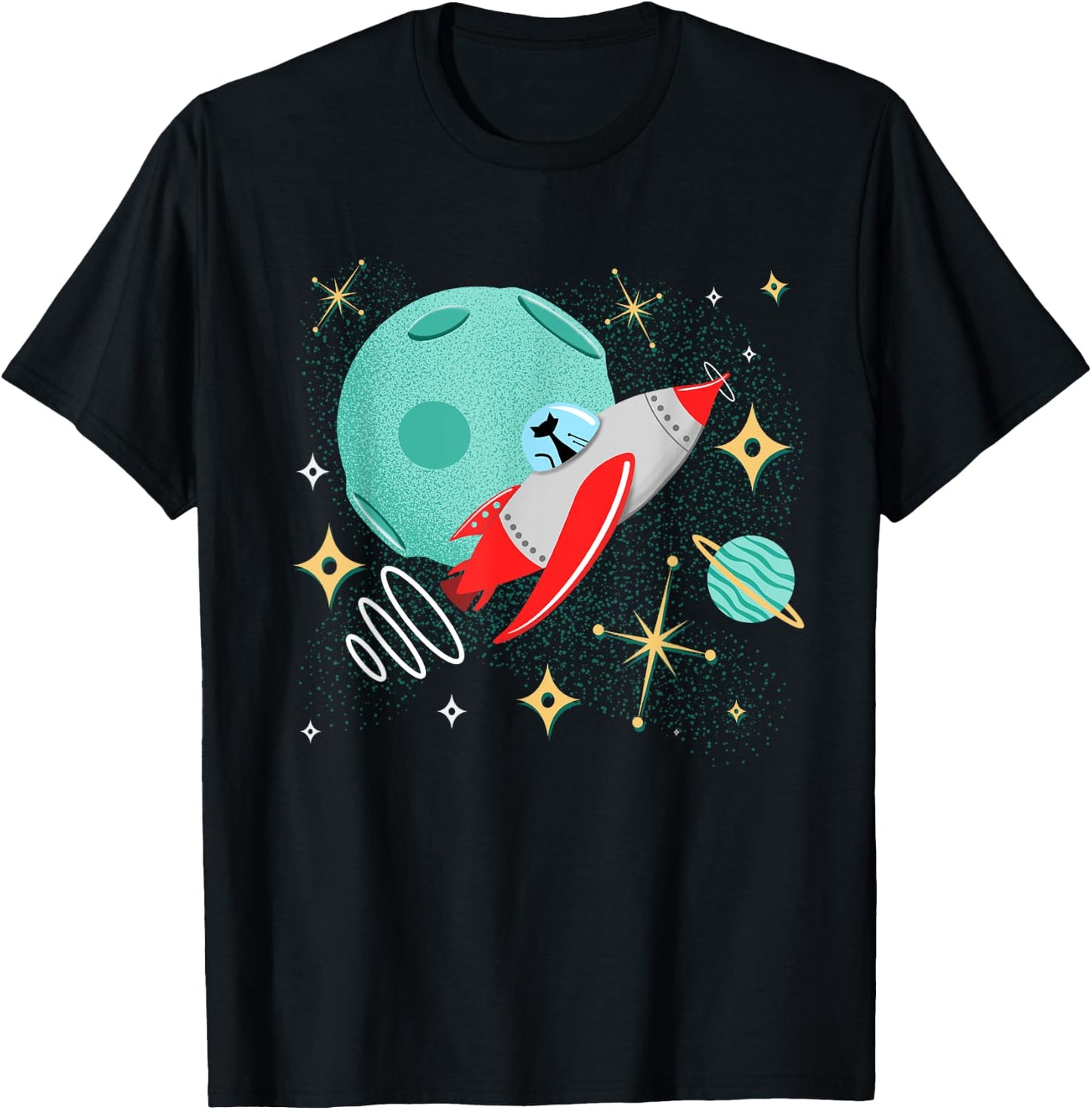 Atomic Rocket Cat Funny Mid-Century Cat Futuristic Spaceship T-Shirt - T-Shirt | Black