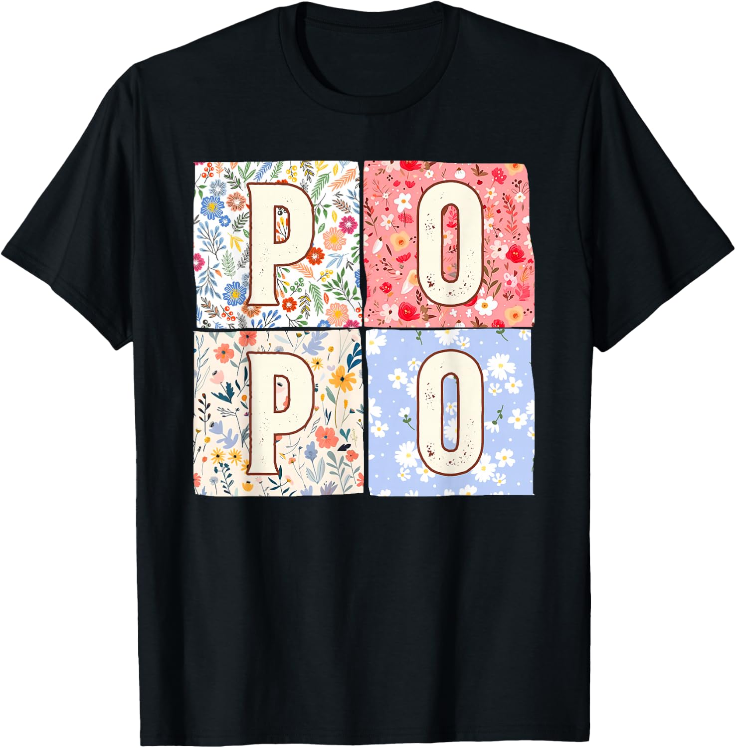 Chinese Grandma Popo Mother's Day Boho Floral Flower T-Shirt - T-Shirt | Black