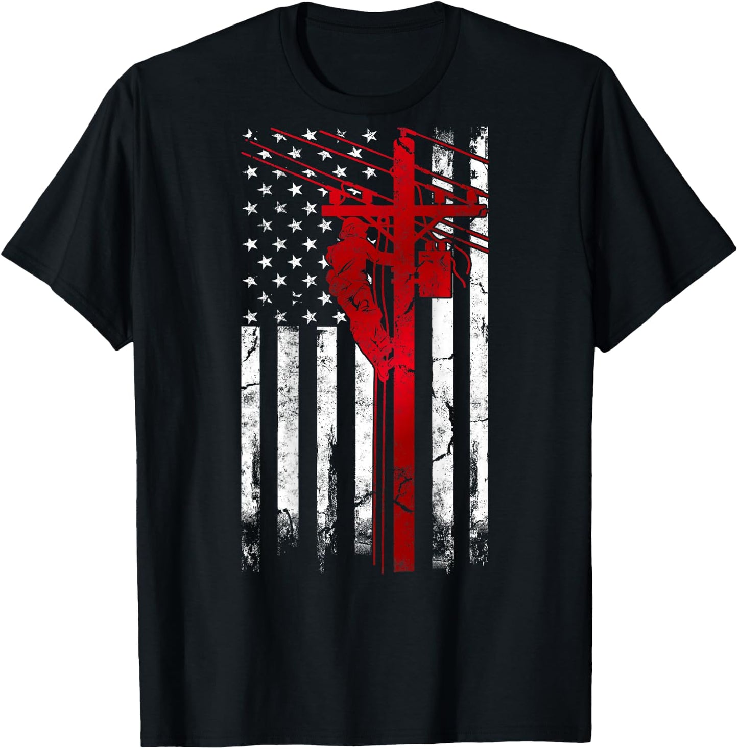 Lineman American Flag Electric Cable Lineman fathers day T-Shirt - T-Shirt | Black