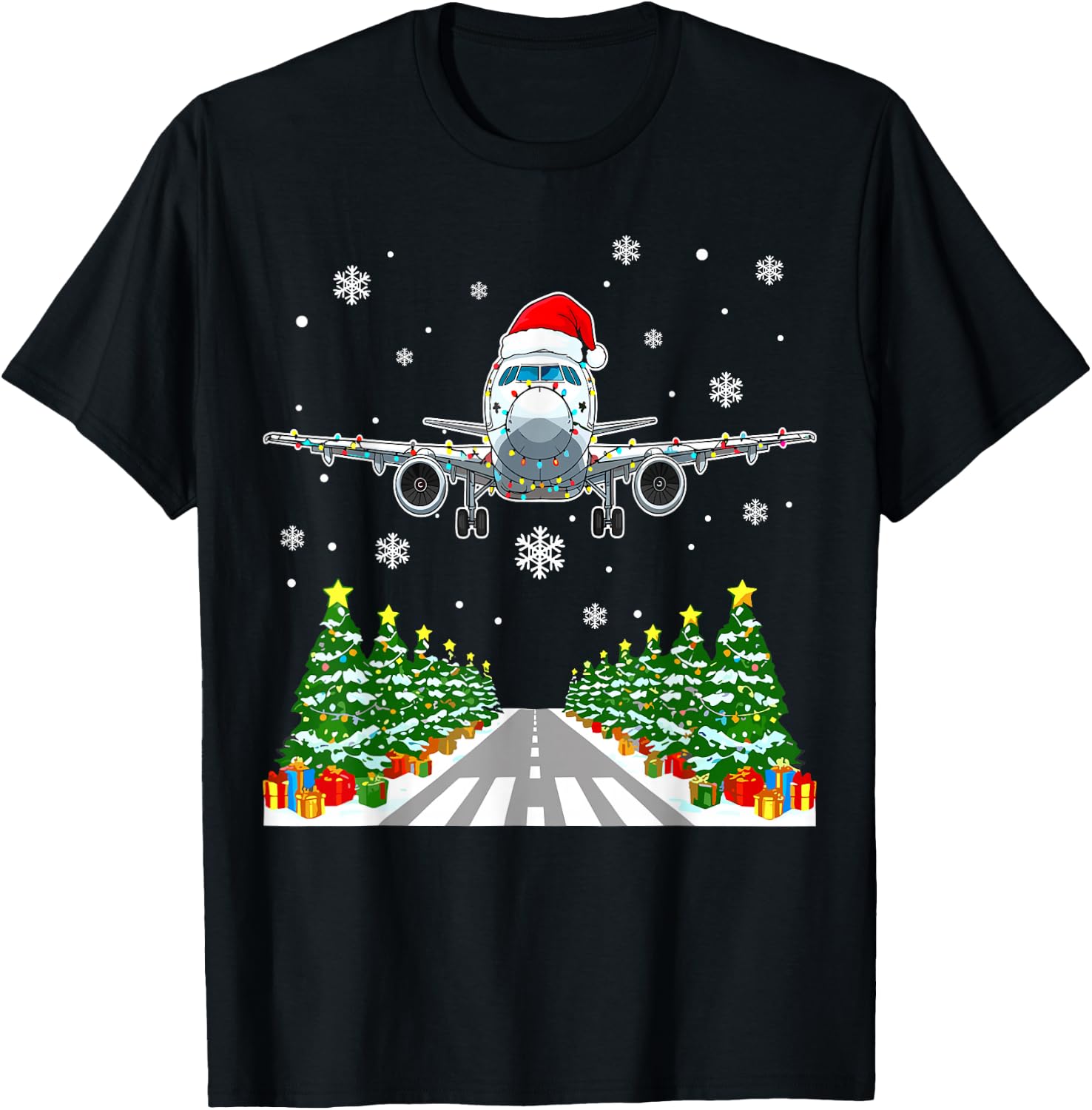 Christmas Airplane Santa Trees Lights Pilot Aviation T-Shirt - T-Shirt | Black
