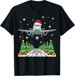 Christmas Airplane Santa Trees Lights Pilot Aviation T-Shirt - T-Shirt | Black