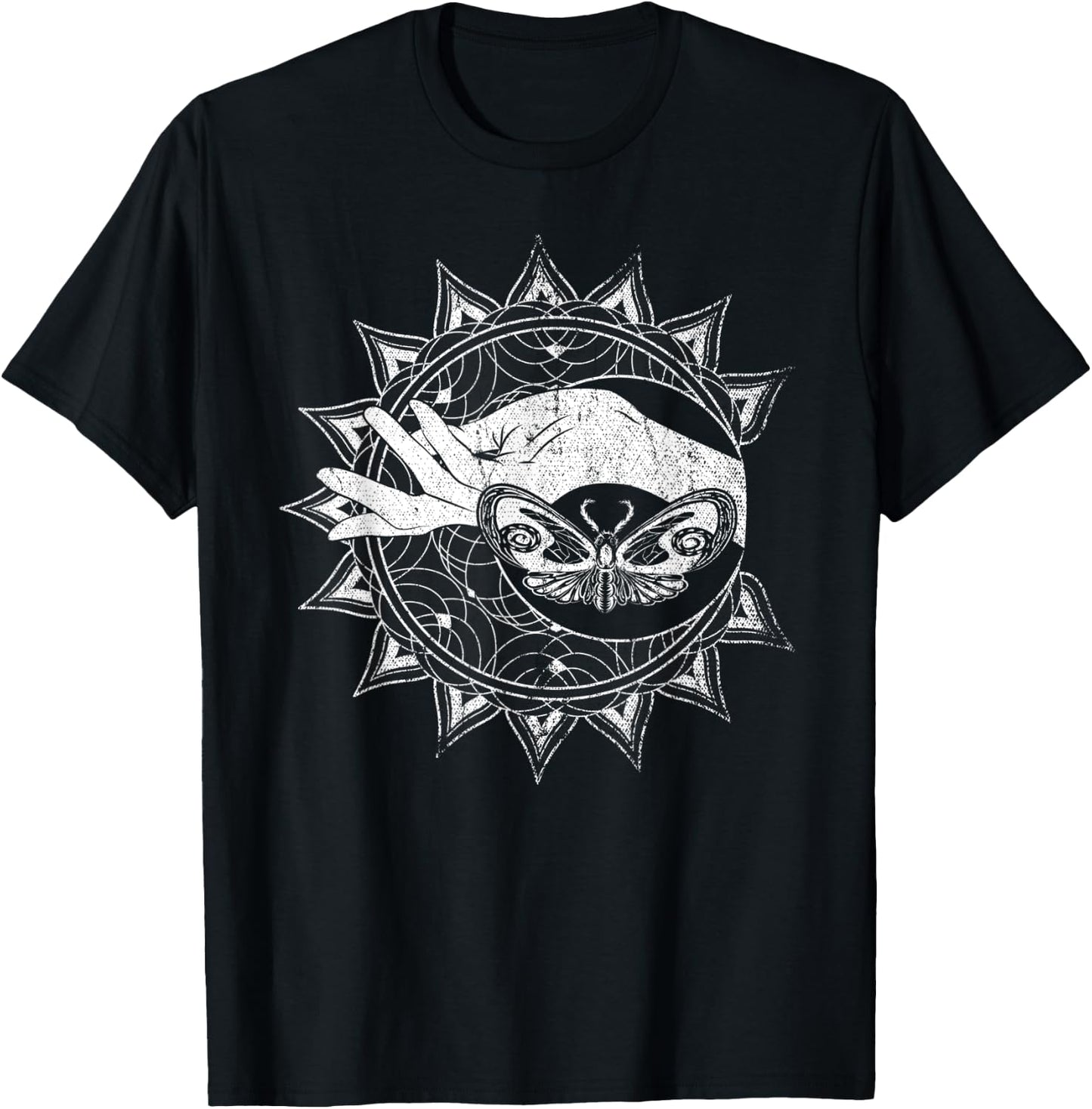 Butterfly Hamsa Hand Celestial Body Stargazer Crescent Moon T-Shirt - T-Shirt | Black