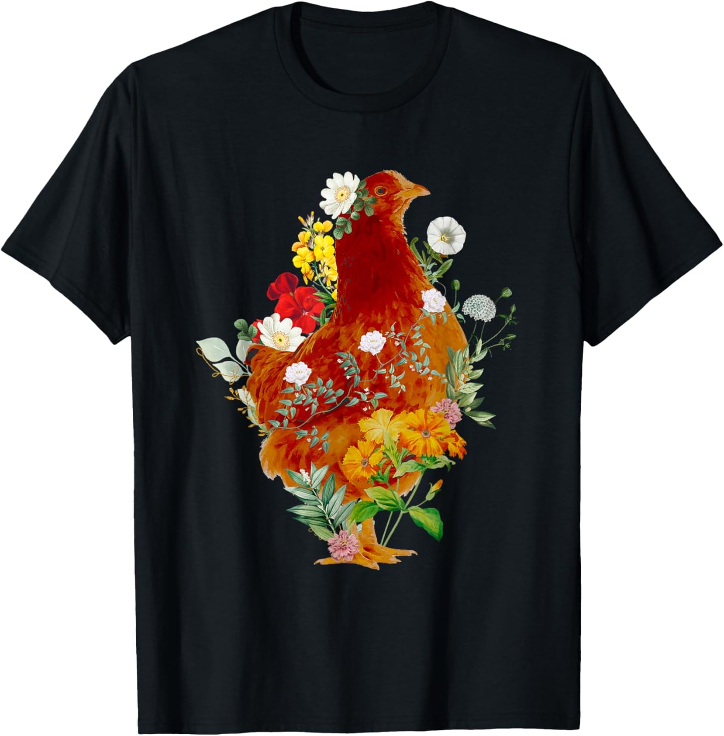 Cute Chicken Vintage Floral Botanical Flower Garden Tea T-Shirt - T-Shirt | Black