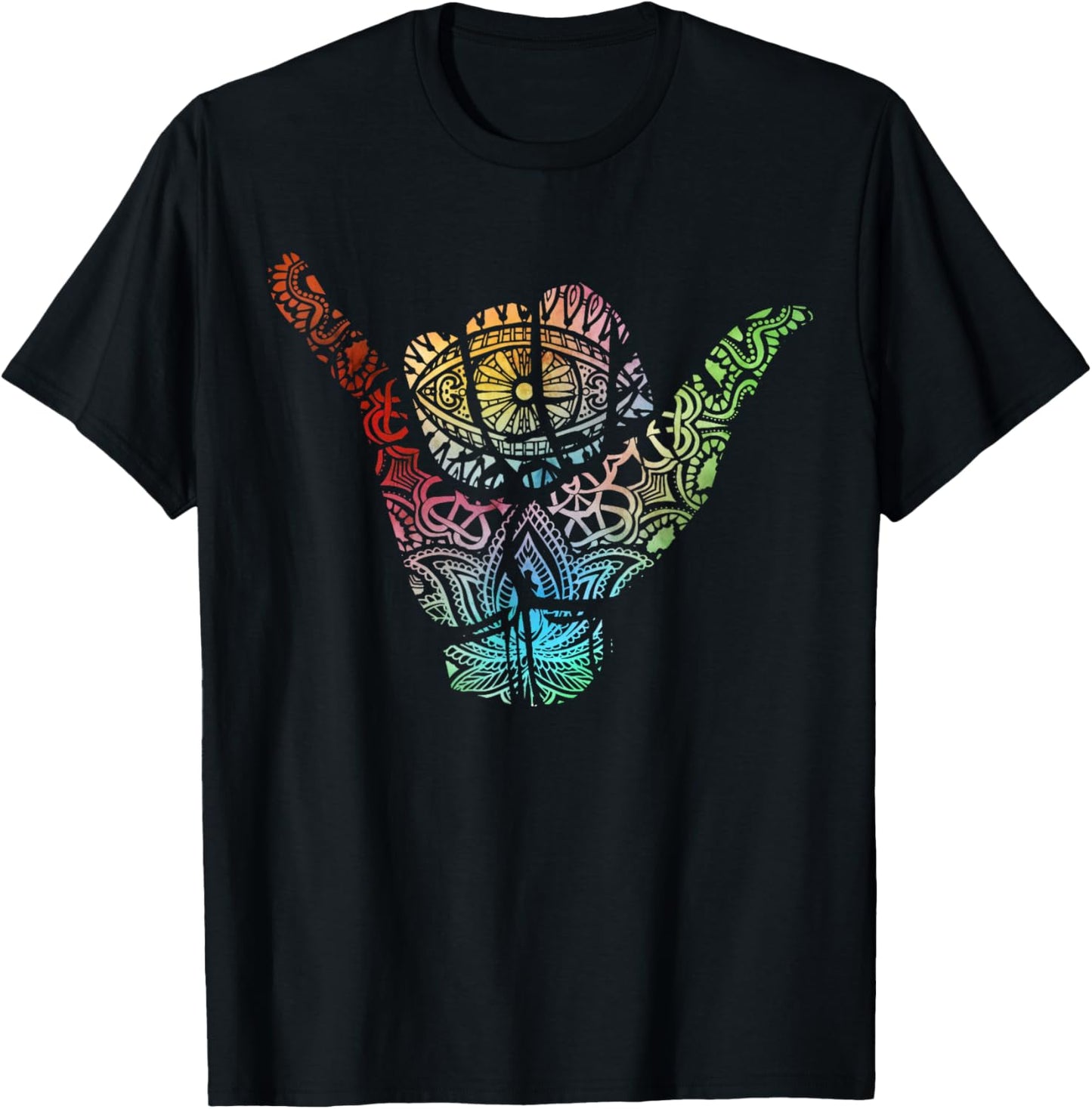 Gnarly Hand Shaka Symbol wit Mandala pattern T-Shirt - T-Shirt | Black