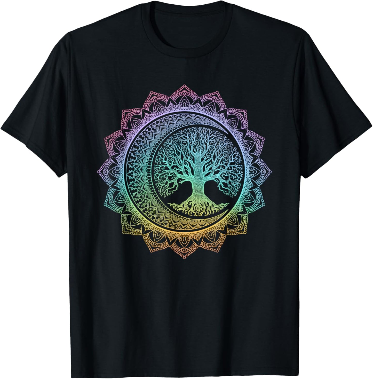Tree of Life Cresent Moon Phases Floral Mandala Yoga Gift T-Shirt - T-Shirt | Black