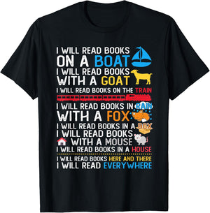 I Will Read Books On A Boat & Everywhere Reading Kids T-Shirt - T-Shirt | Black