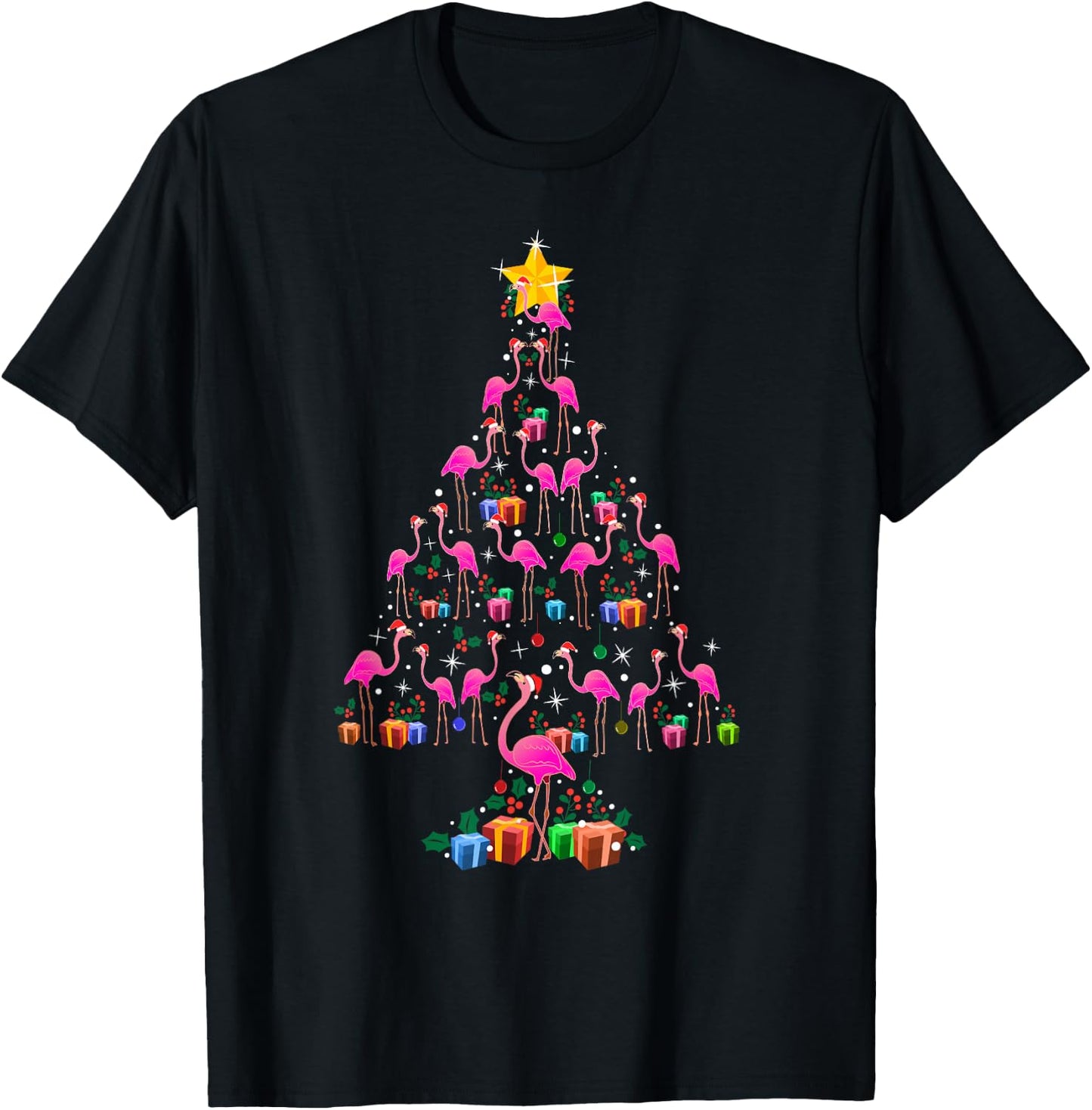Pink Flamingo Christmas Tree Cute T-Shirt - T-Shirt | Black