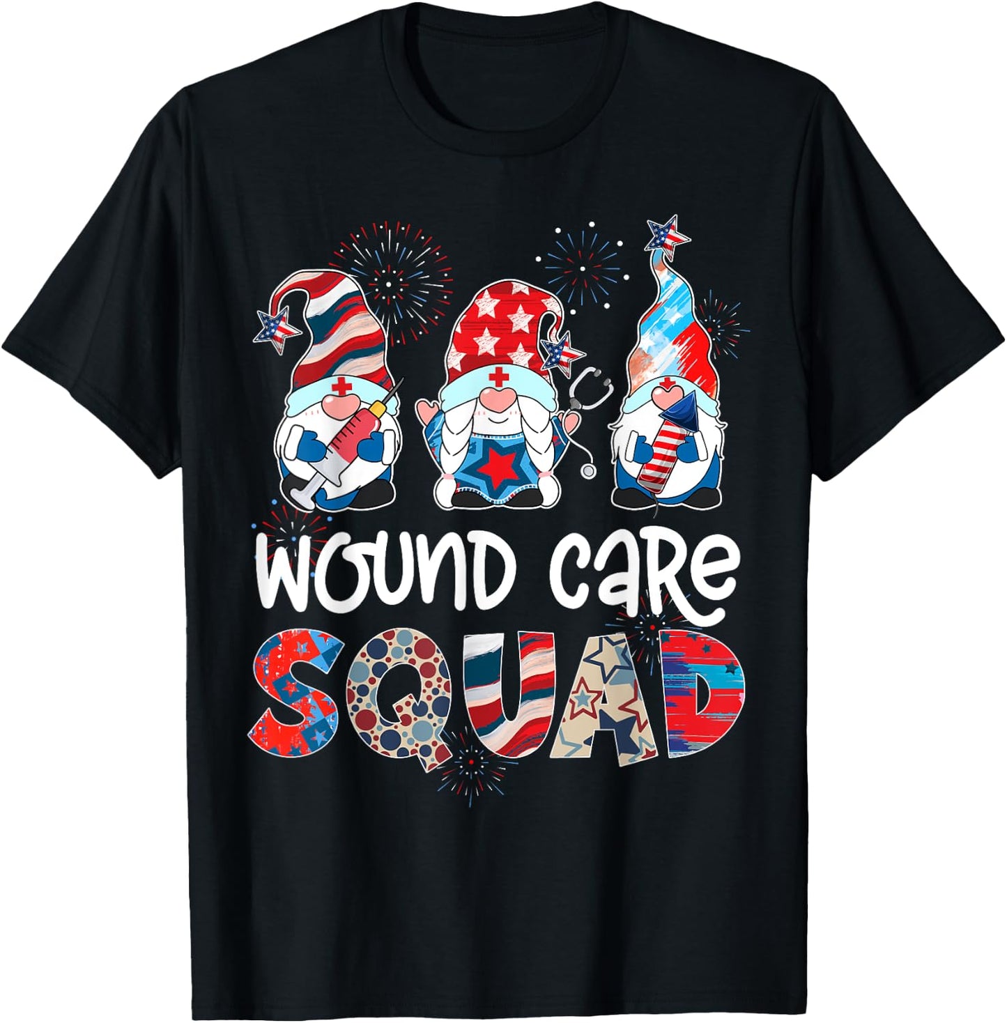 Wound Care Squad Gnomes 4th Of July Pride Nurse Stethoscope T-Shirt - T-Shirt | Black