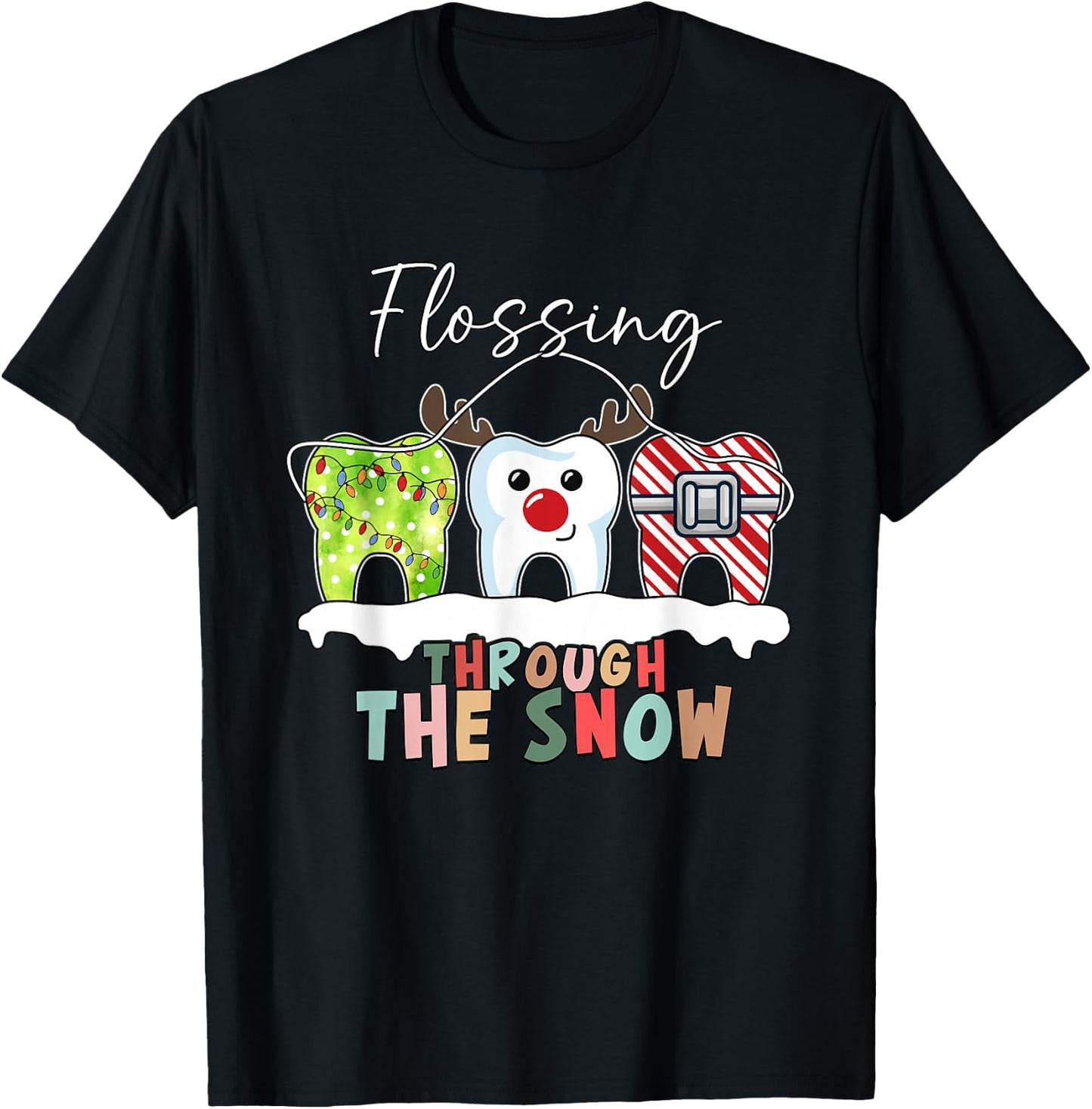 Flossing Through The Snow Dental Hygienist Christmas Dentist T-Shirt - T-Shirt | Black