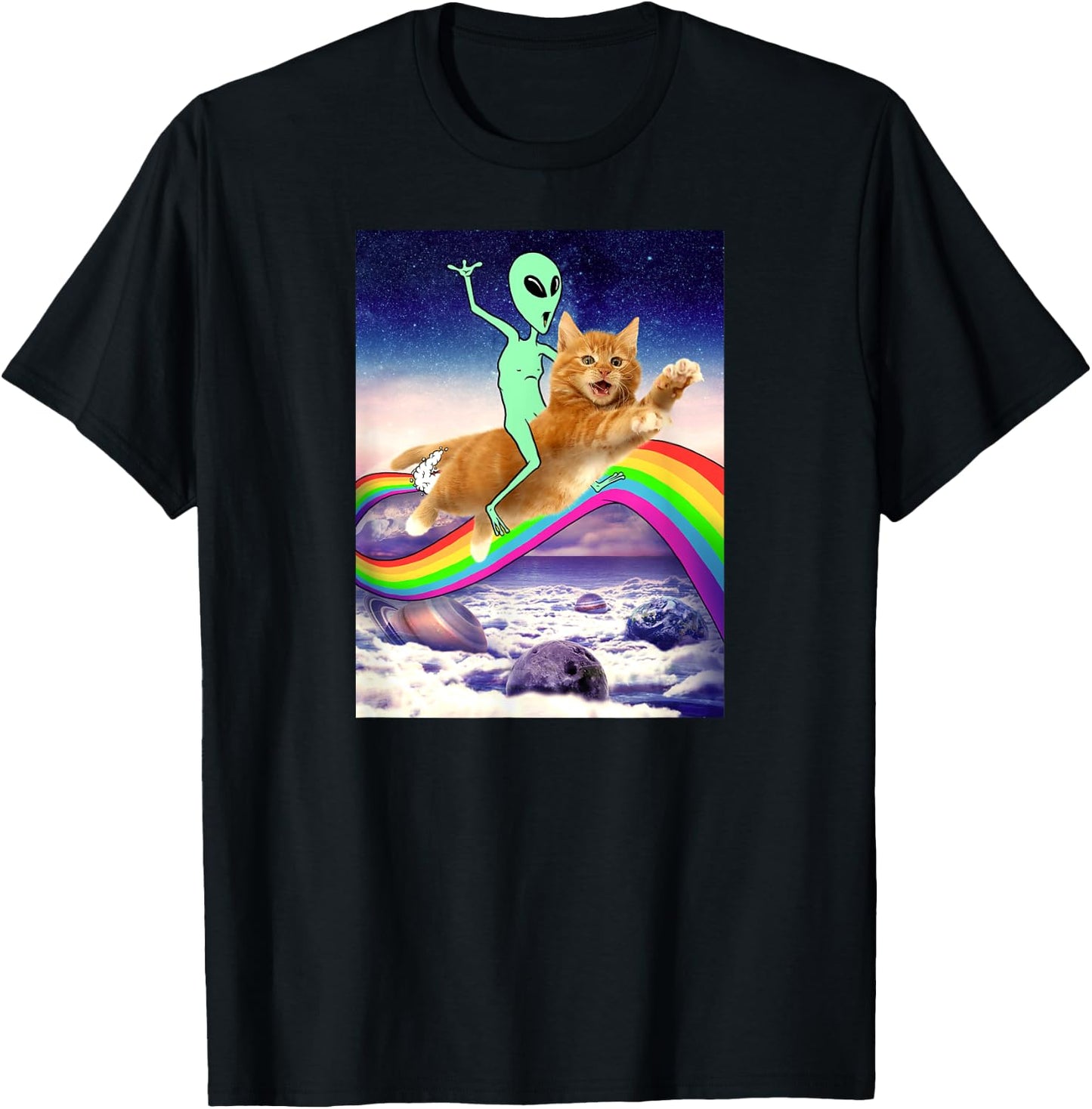 Alien Riding Cat Over Rainbow Men Women Kids T-Shirt - T-Shirt | Black