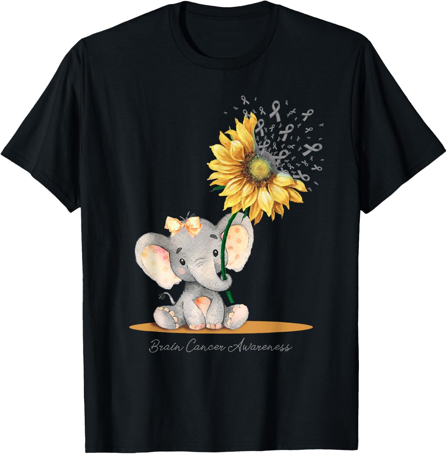 BRAIN CANCER AWARENESS Cute Elephant Sunflower Gray Ribbon T-Shirt - T-Shirt | Black