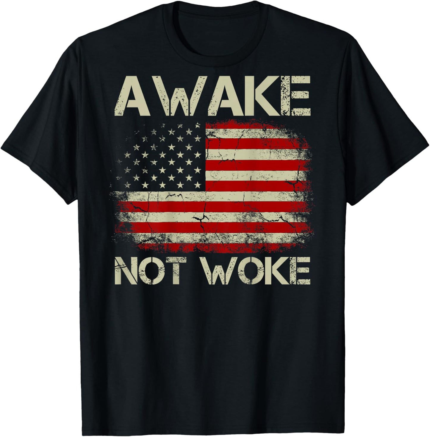 Vintage American Flag Awake Not Woke (on Back) T-Shirt - T-Shirt | Black