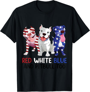 Women Red White Blue & Pitbull Too Funny Pitbull 4th Of July T-Shirt - T-Shirt | Black