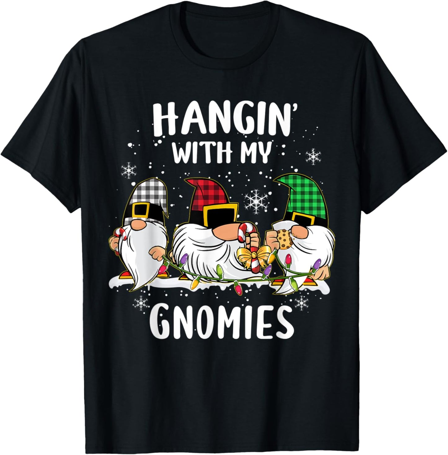 Hangin' With My Gnomies Three Gnomes Christmas Buffalo Plaid T-Shirt - T-Shirt | Black