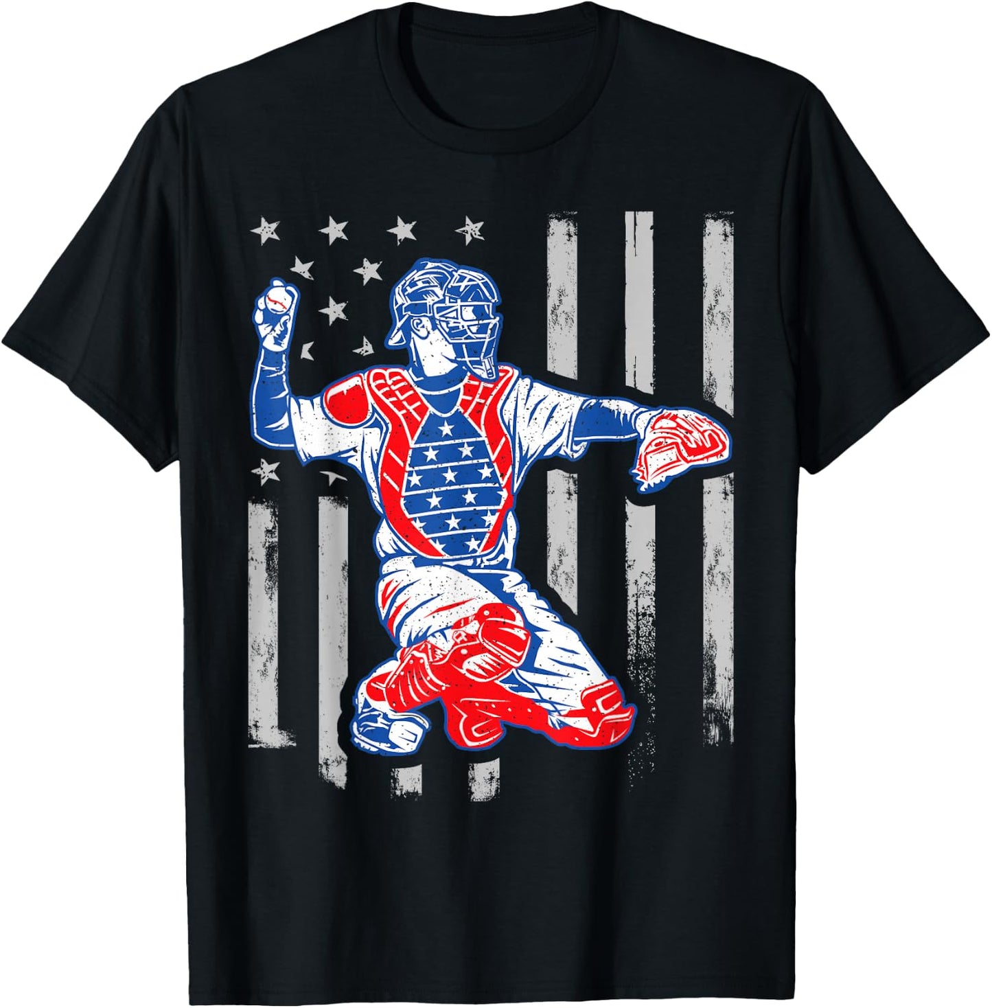 American Baseball Catcher USA Vintage Flag 4th of July Boys T-Shirt - T-Shirt | Black