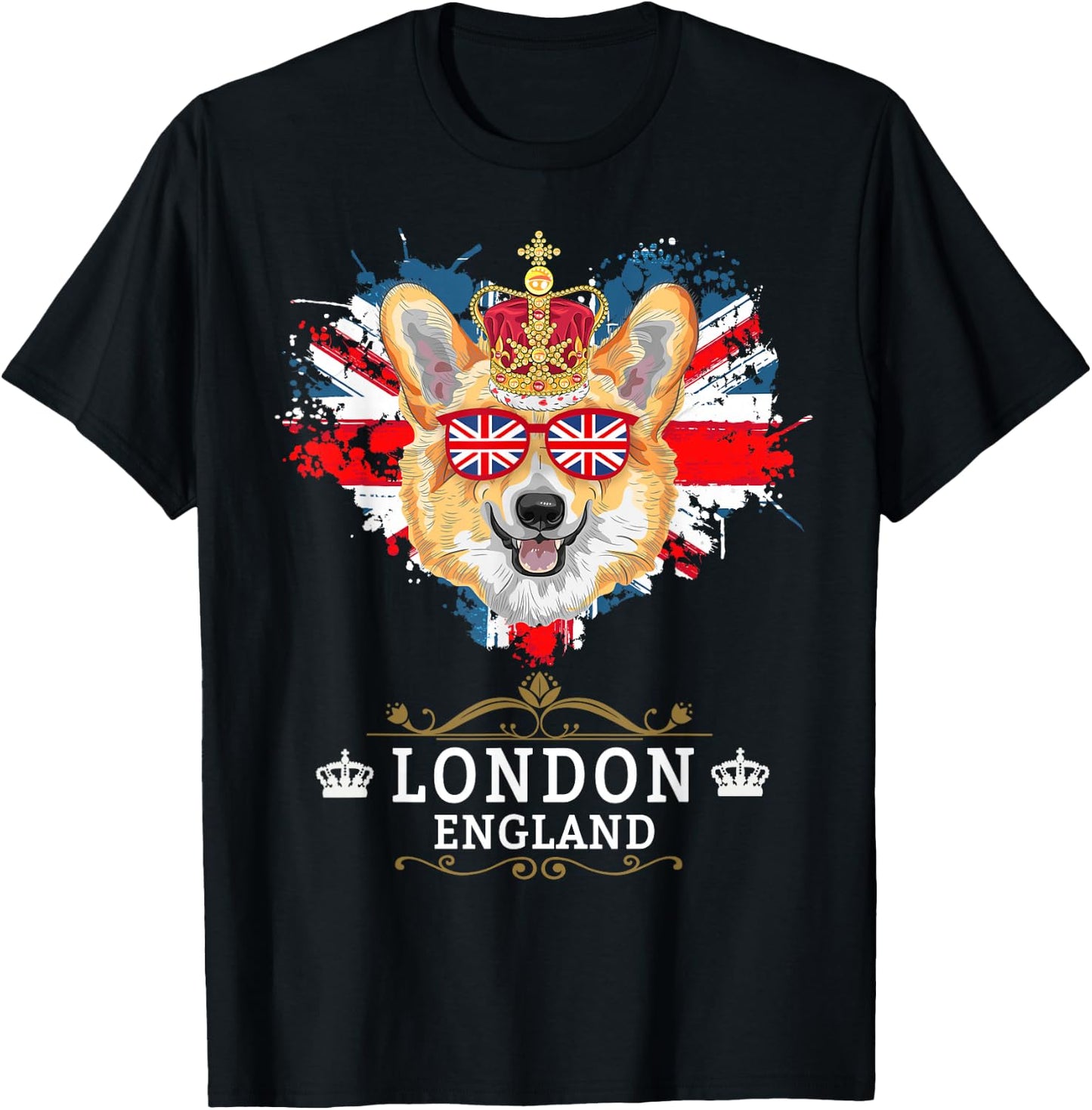 London Idea For Kids With Union Jack UK Flag & Corgi T-Shirt - T-Shirt | Black