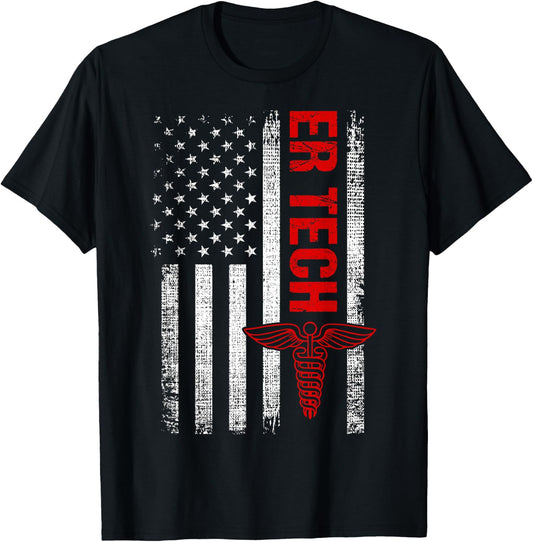 ER Tech US Flag Emergency Room Technologists ,ER Technicians T-Shirt - T-Shirt | Black