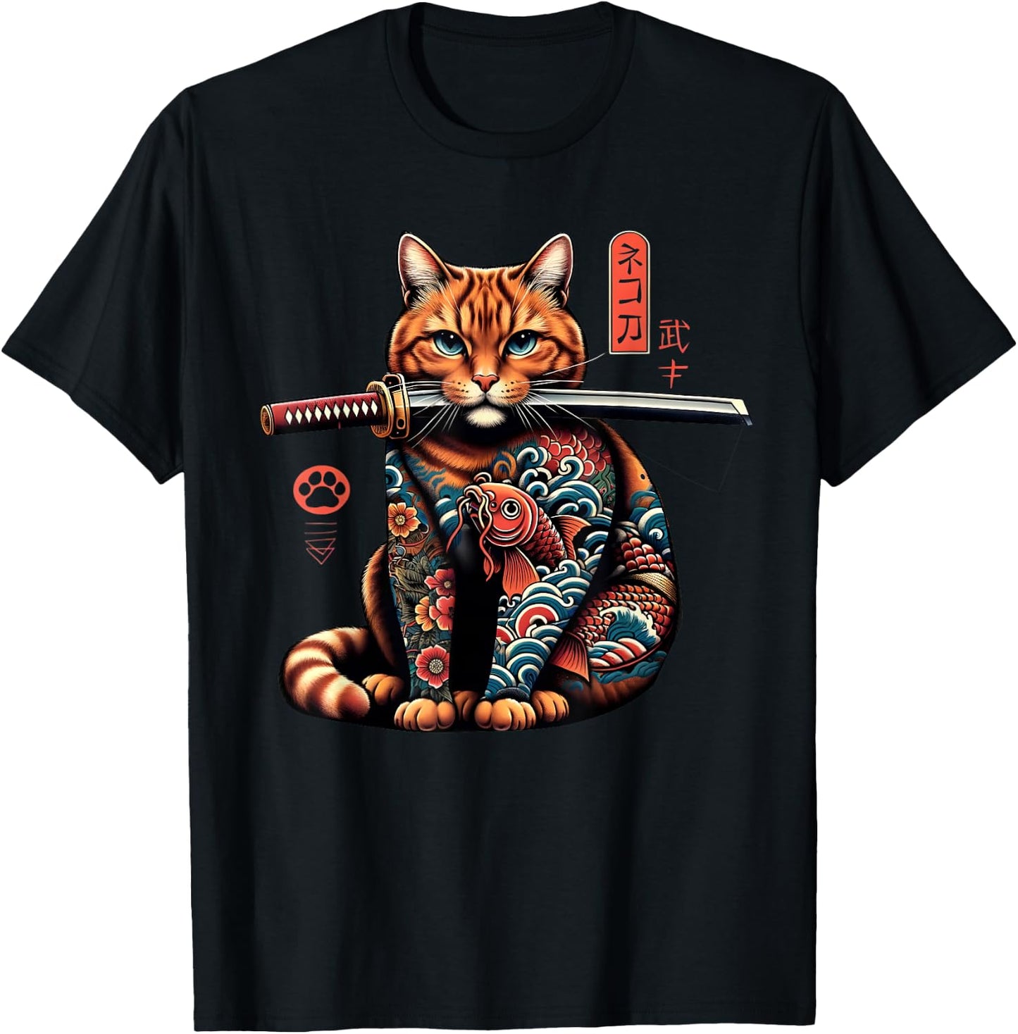 Japanese Samurai Ninja Cat Kawaii Tattoo Graphic Women T-Shirt - T-Shirt | Black