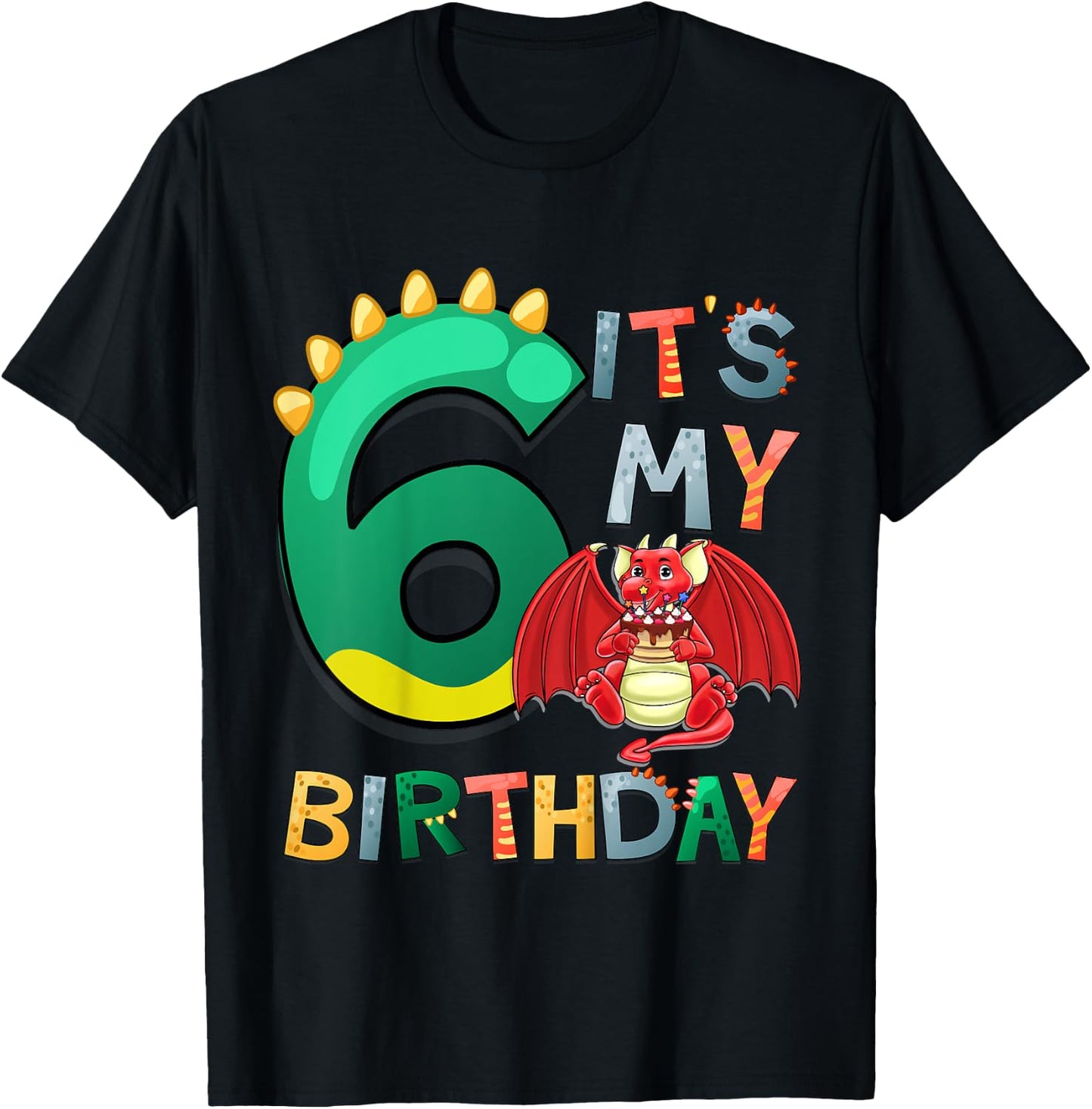 Kids It's My 6th Birthday Dragon 6 Birthday 6 Year Old Boy T-Shirt - T-Shirt | Black