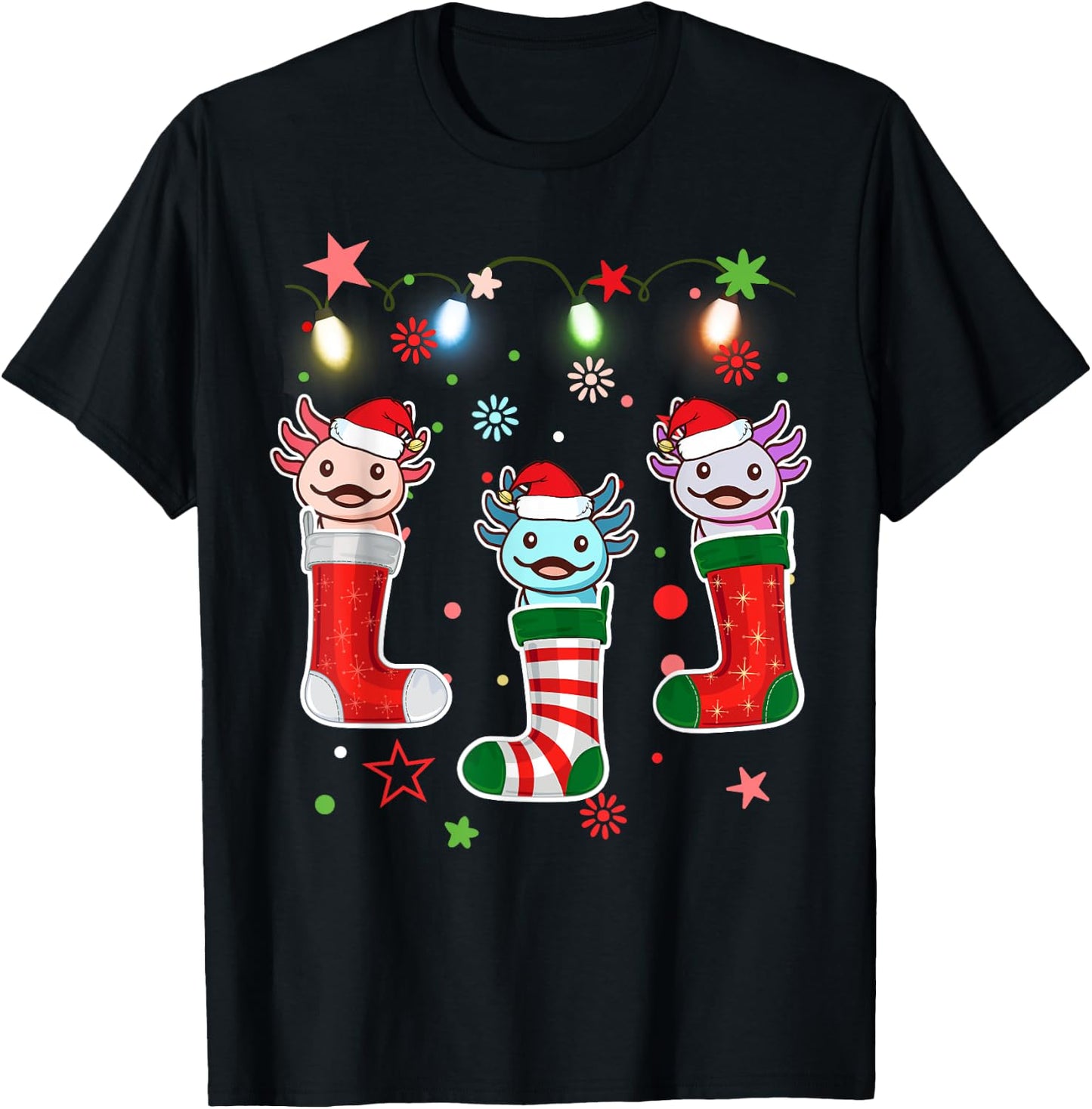 Kawaii Axolotl Christmas Stocking Kid Youth Teen Pajamas Pjs T-Shirt - T-Shirt | Black