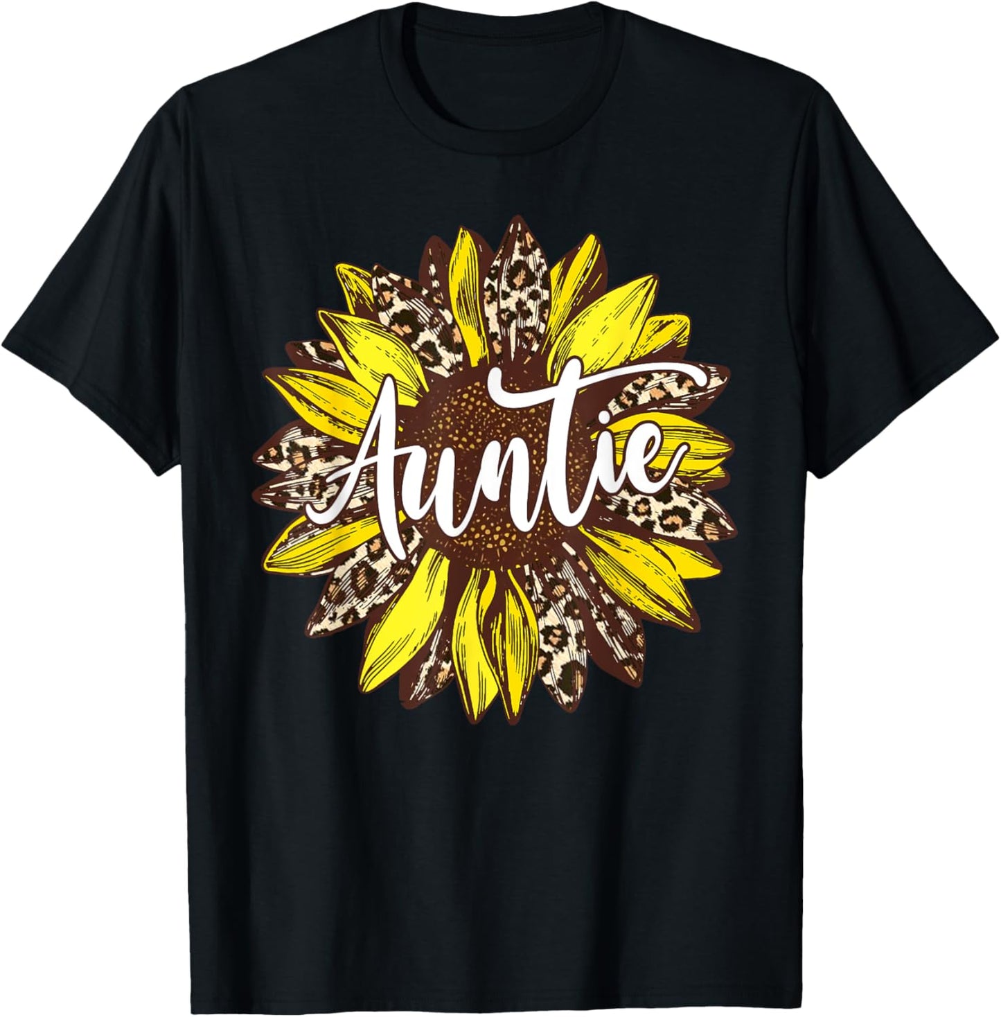 Auntie Leopard Print Sunflower Flower T-Shirt - T-Shirt | Black