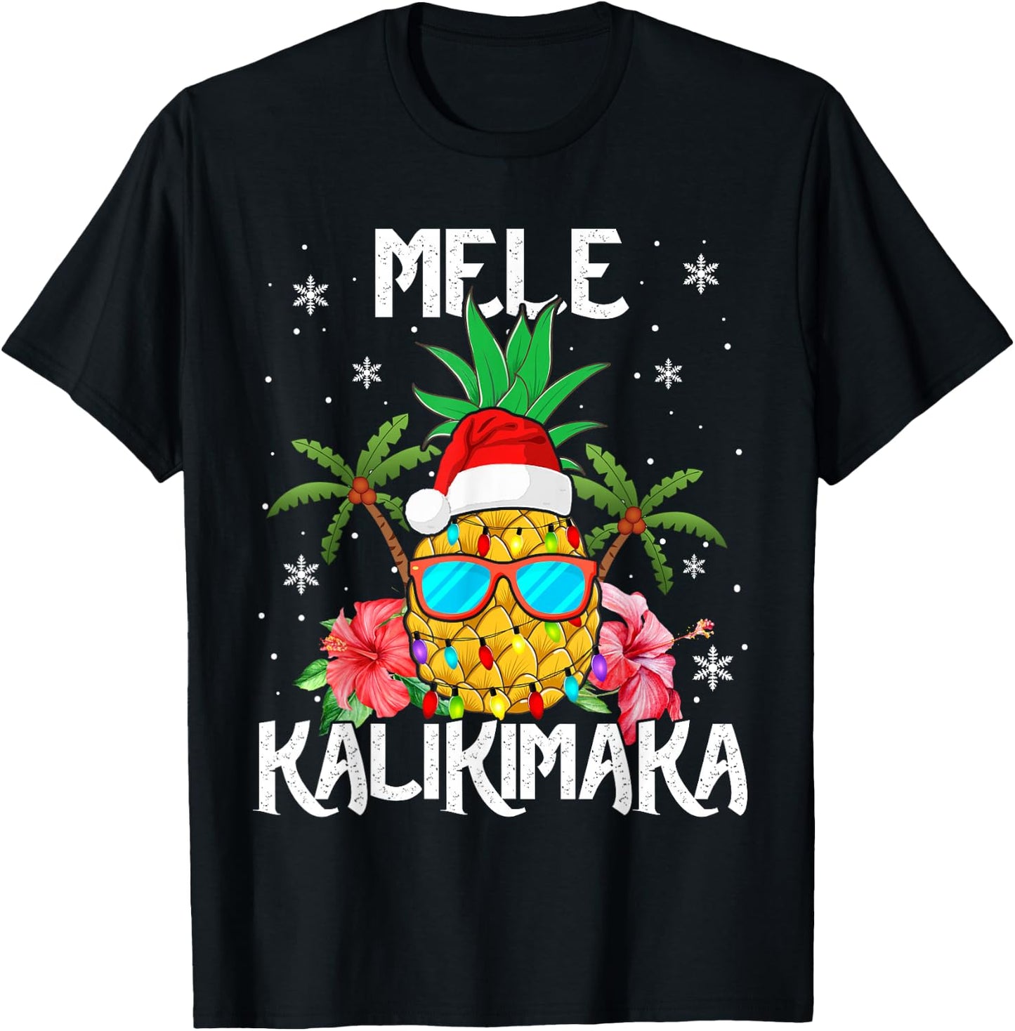 Mele Kalikimaka Merry Xmas Light Santa Hawaiian Pineapple T-Shirt - T-Shirt | Black
