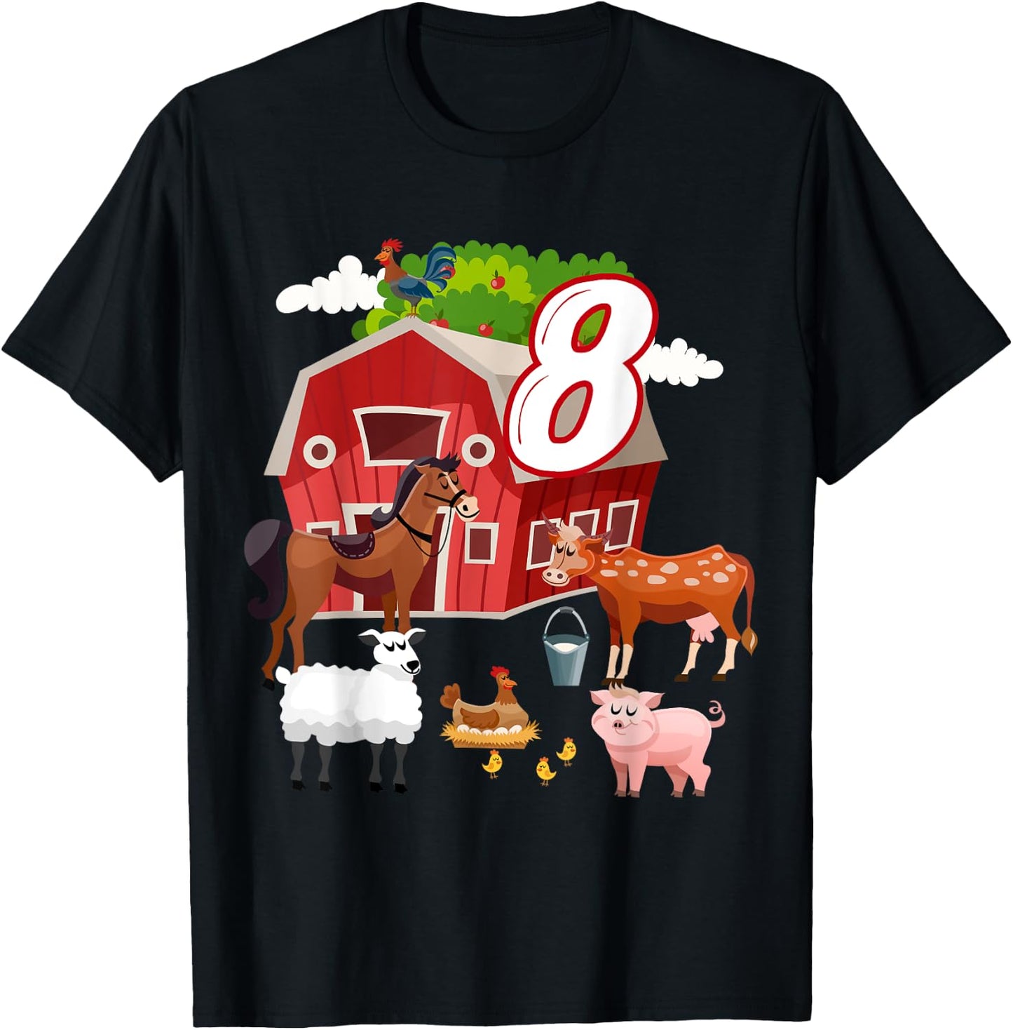 8th Birthday Farming Farm Animal 8 Year Old B-Day Party T-Shirt - T-Shirt | Black