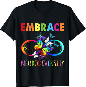 Embrace Neurodiverity Rainbow Infinity Butterfly Autism T-Shirt - T-Shirt | Black