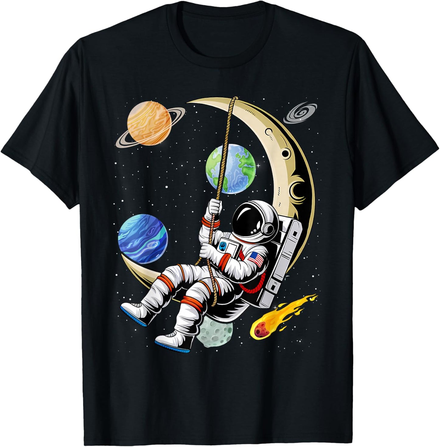 Astronaut Moon Swing Planets Space Galaxy Women Kids Men T-Shirt - T-Shirt | Black