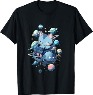 Space Cat - Kitty and Planets in Space T-Shirt - T-Shirt | Black