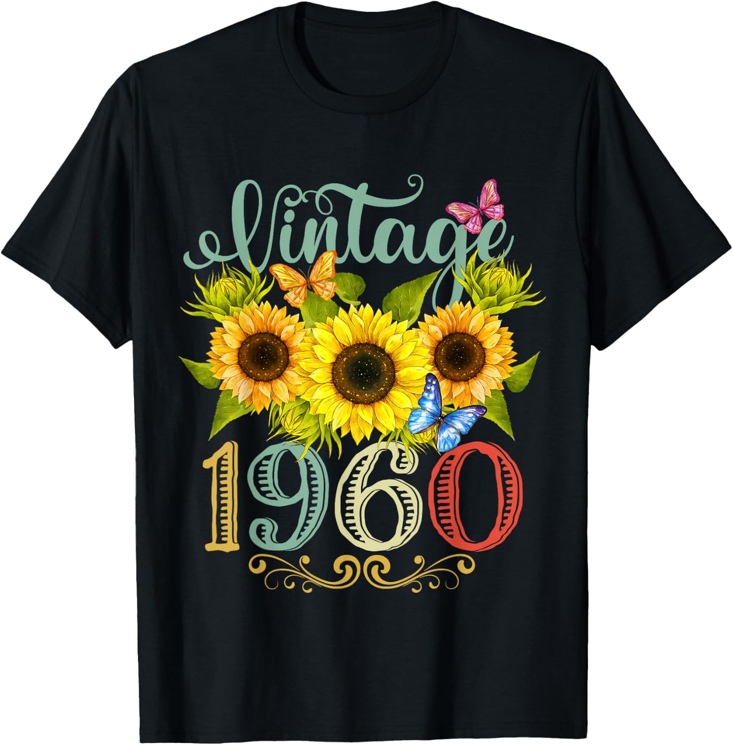Sunflower Floral Butterfly Vintage 1960 Funny 65th Birthday T-Shirt - T-Shirt | Black