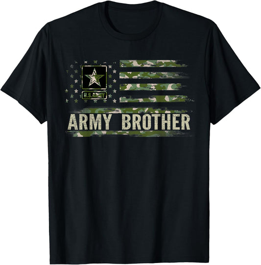 Vintage Army Brother With Camo American Flag Veteran Gift T-Shirt - T-Shirt | Black