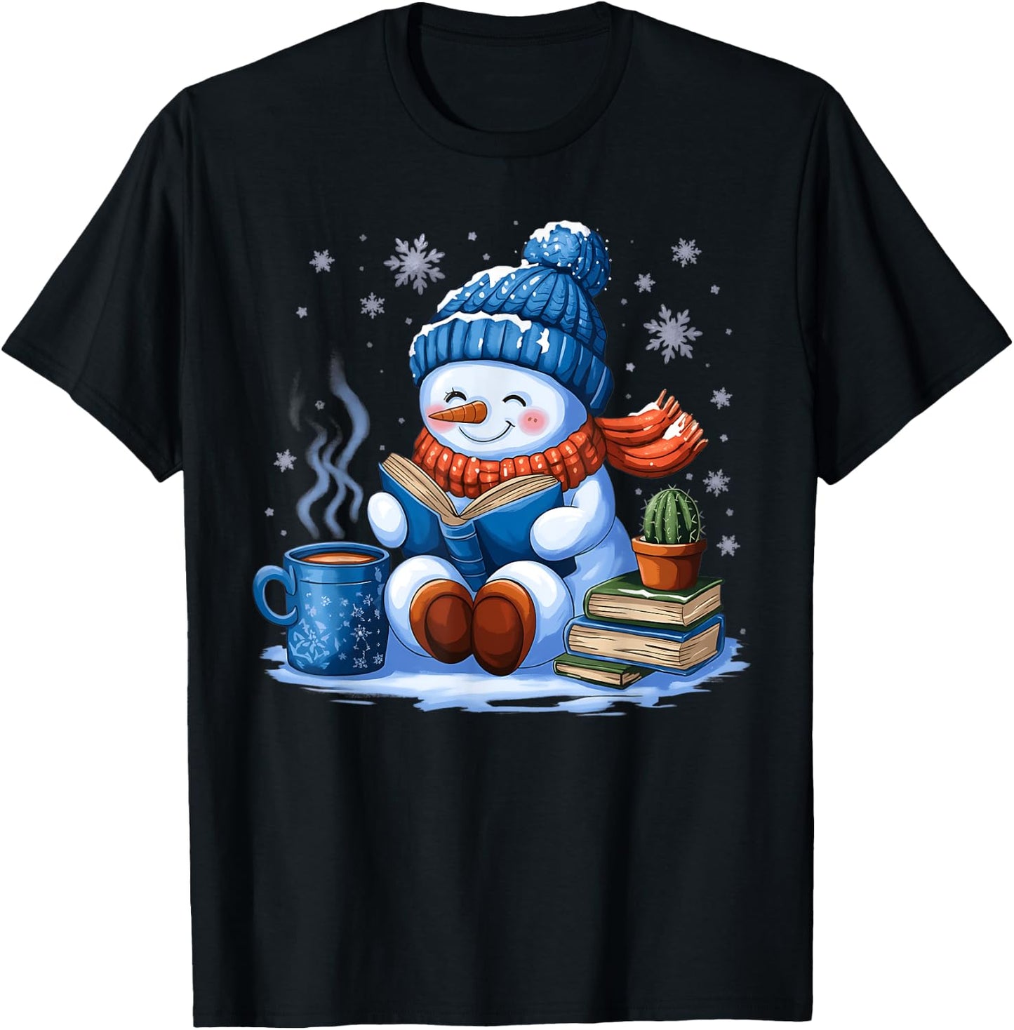 Snowman Reading Book Lovers Christmas Bookworm Librarian T-Shirt - T-Shirt | Black
