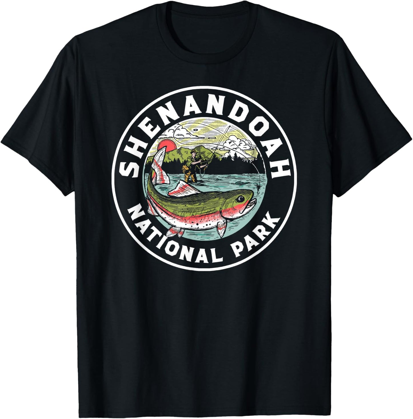 Shenandoah Fly Fishing Artistic Trout Fisherman Graphic T-Shirt - T-Shirt | Black