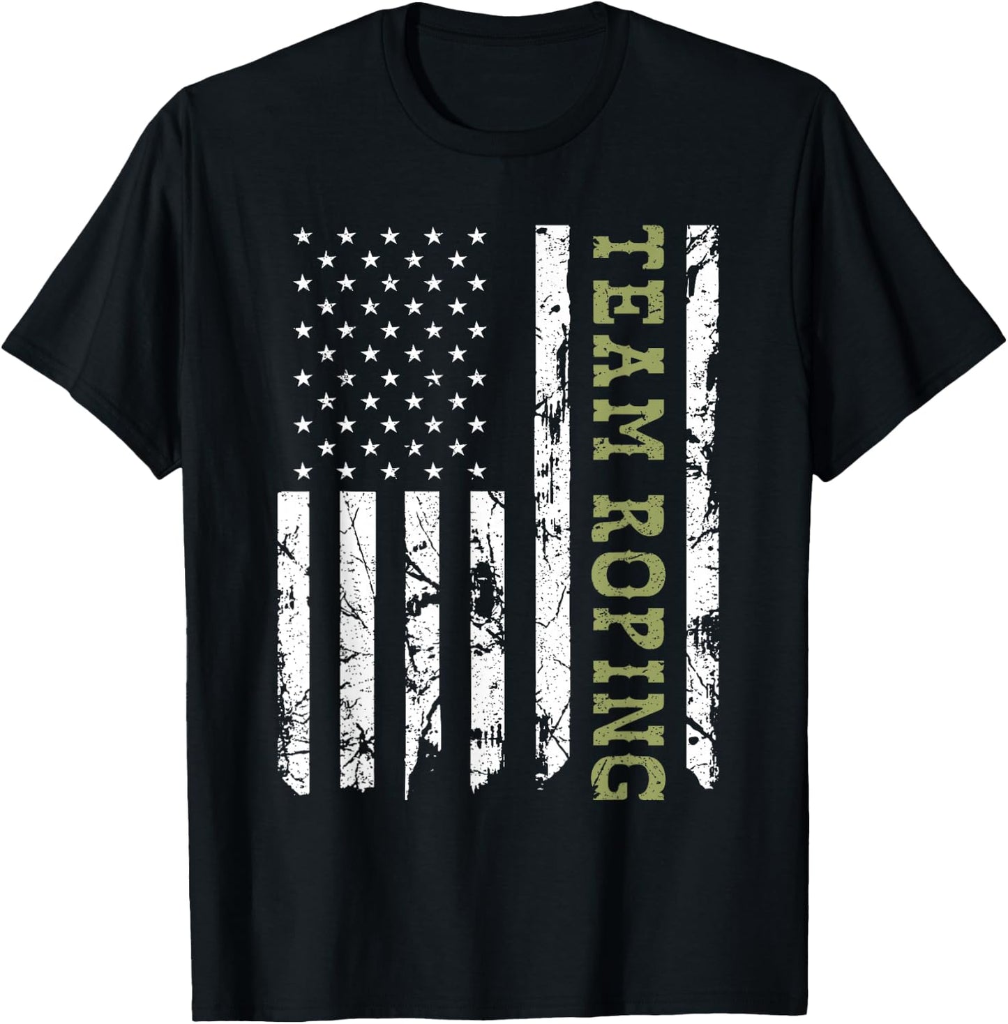 Team Roping Rodeo Vintage American Flag, 4th of July Cowboy T-Shirt - T-Shirt | Black